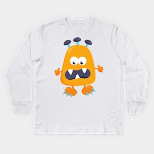 Cute Monster, Orange Monster, Horns, Funny Monster Kids Long Sleeve T-Shirt